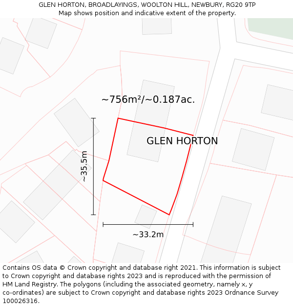 GLEN HORTON, BROADLAYINGS, WOOLTON HILL, NEWBURY, RG20 9TP: Plot and title map