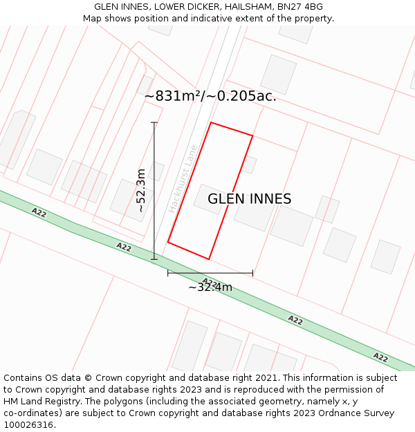 GLEN INNES, LOWER DICKER, HAILSHAM, BN27 4BG: Plot and title map