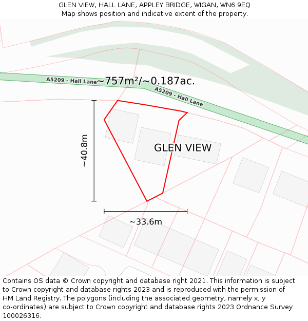 GLEN VIEW, HALL LANE, APPLEY BRIDGE, WIGAN, WN6 9EQ: Plot and title map