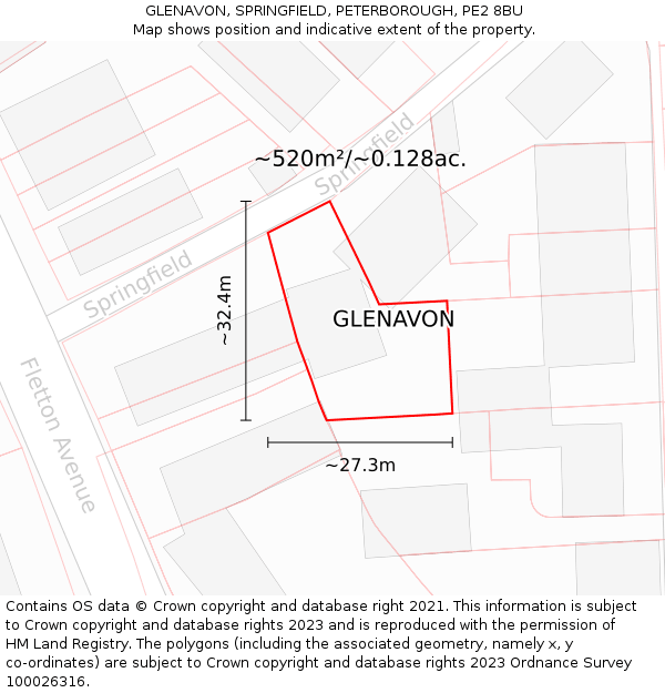 GLENAVON, SPRINGFIELD, PETERBOROUGH, PE2 8BU: Plot and title map