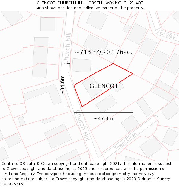 GLENCOT, CHURCH HILL, HORSELL, WOKING, GU21 4QE: Plot and title map