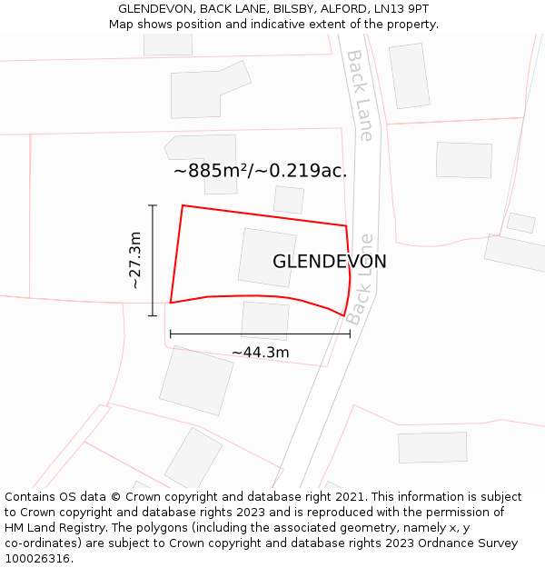 GLENDEVON, BACK LANE, BILSBY, ALFORD, LN13 9PT: Plot and title map