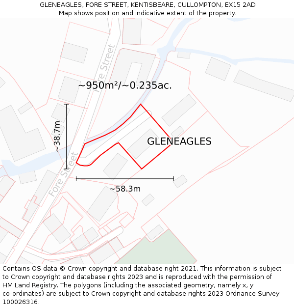 GLENEAGLES, FORE STREET, KENTISBEARE, CULLOMPTON, EX15 2AD: Plot and title map