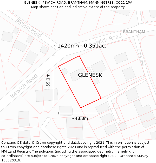 GLENESK, IPSWICH ROAD, BRANTHAM, MANNINGTREE, CO11 1PA: Plot and title map