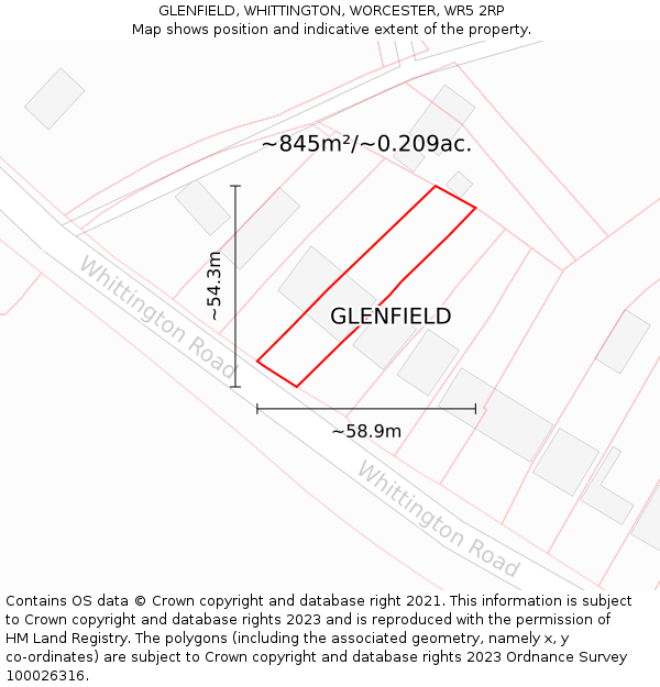 GLENFIELD, WHITTINGTON, WORCESTER, WR5 2RP: Plot and title map