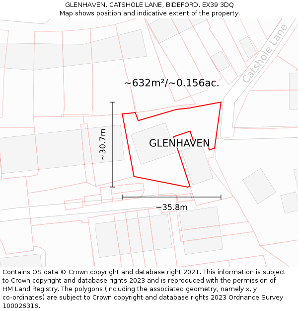 GLENHAVEN, CATSHOLE LANE, BIDEFORD, EX39 3DQ: Plot and title map