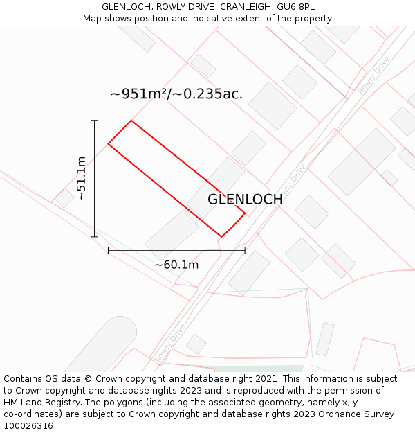 GLENLOCH, ROWLY DRIVE, CRANLEIGH, GU6 8PL: Plot and title map
