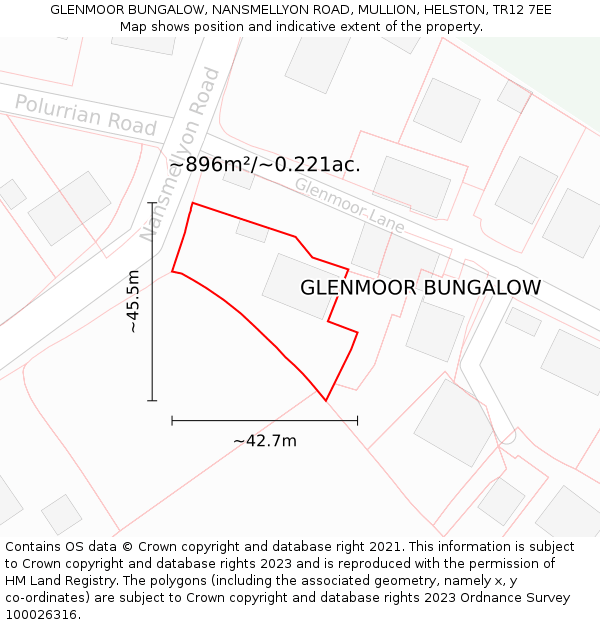 GLENMOOR BUNGALOW, NANSMELLYON ROAD, MULLION, HELSTON, TR12 7EE: Plot and title map