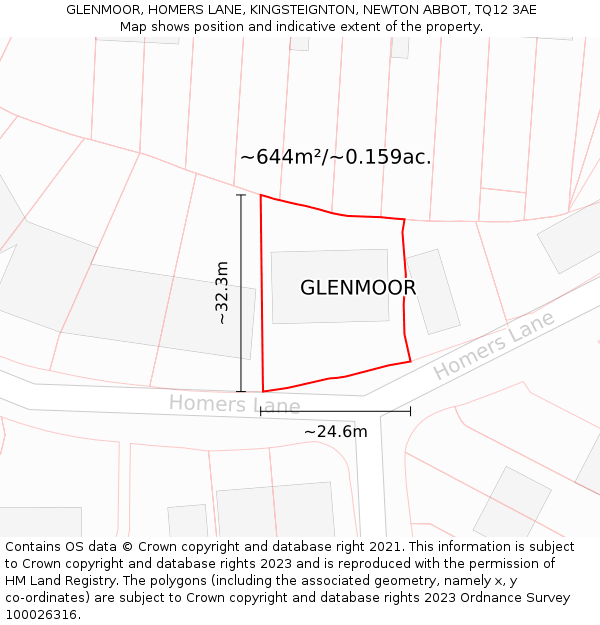GLENMOOR, HOMERS LANE, KINGSTEIGNTON, NEWTON ABBOT, TQ12 3AE: Plot and title map