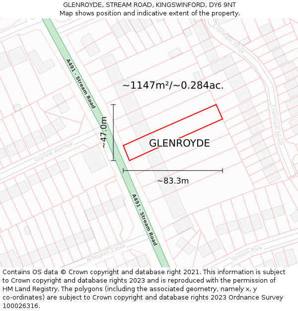 GLENROYDE, STREAM ROAD, KINGSWINFORD, DY6 9NT: Plot and title map
