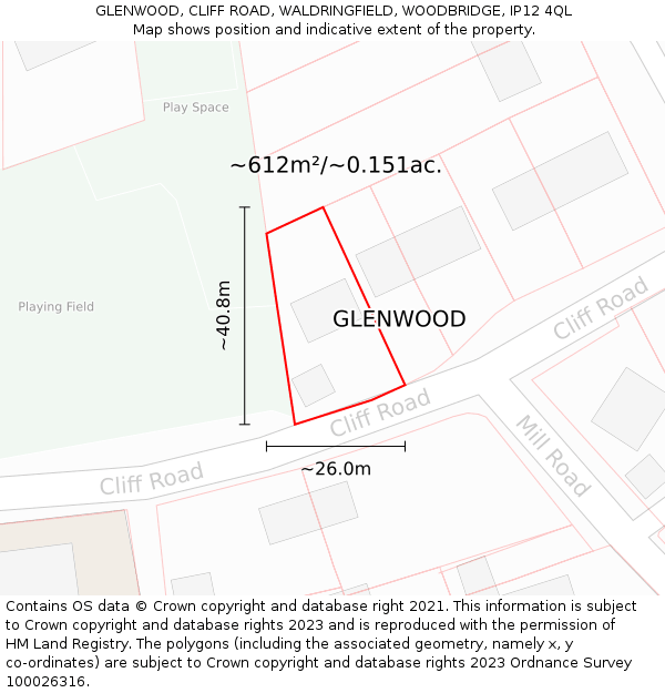 GLENWOOD, CLIFF ROAD, WALDRINGFIELD, WOODBRIDGE, IP12 4QL: Plot and title map