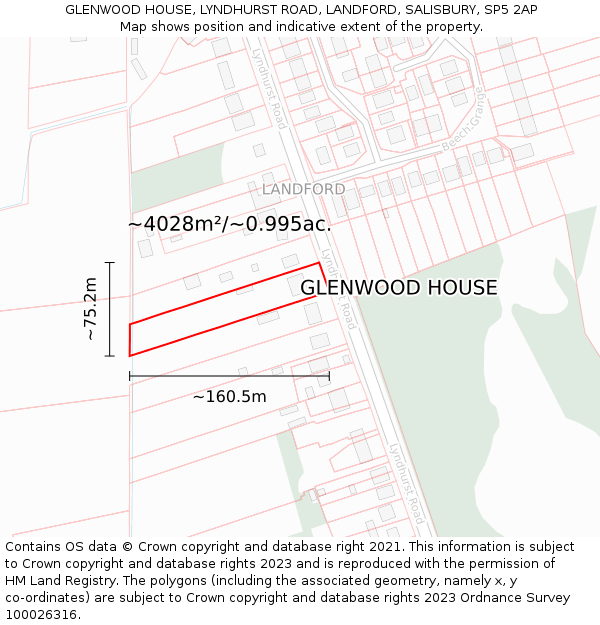 GLENWOOD HOUSE, LYNDHURST ROAD, LANDFORD, SALISBURY, SP5 2AP: Plot and title map