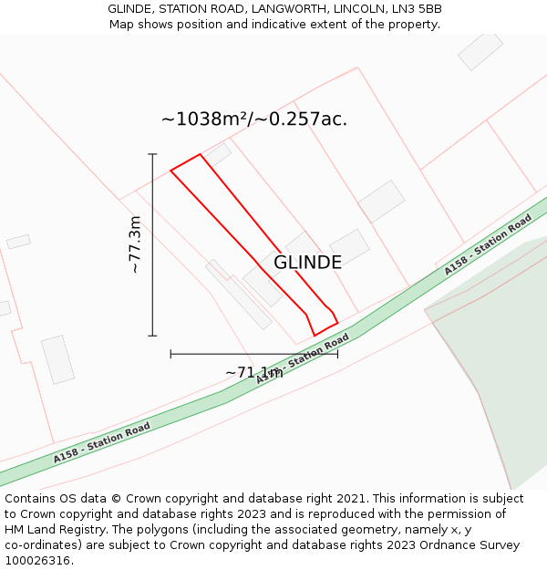 GLINDE, STATION ROAD, LANGWORTH, LINCOLN, LN3 5BB: Plot and title map
