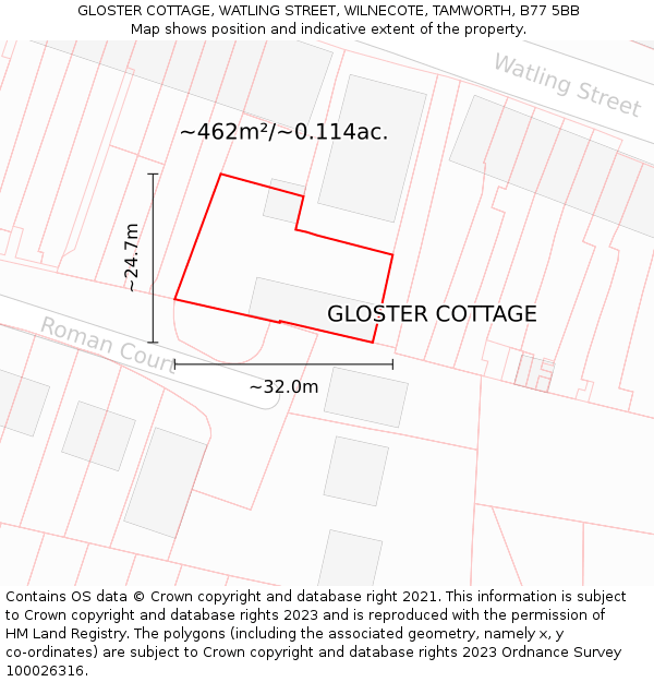 GLOSTER COTTAGE, WATLING STREET, WILNECOTE, TAMWORTH, B77 5BB: Plot and title map