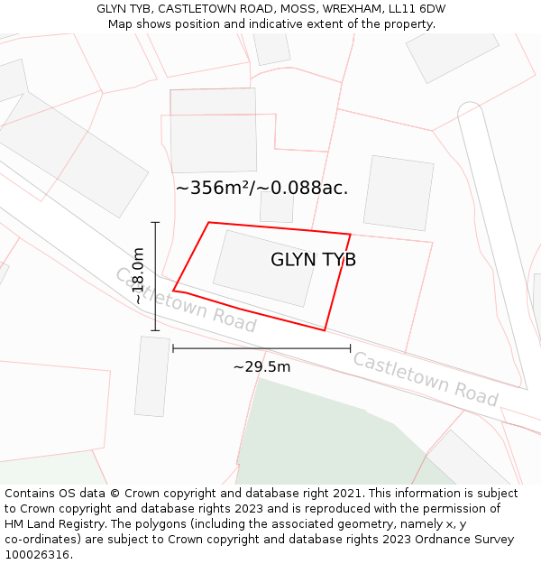 GLYN TYB, CASTLETOWN ROAD, MOSS, WREXHAM, LL11 6DW: Plot and title map