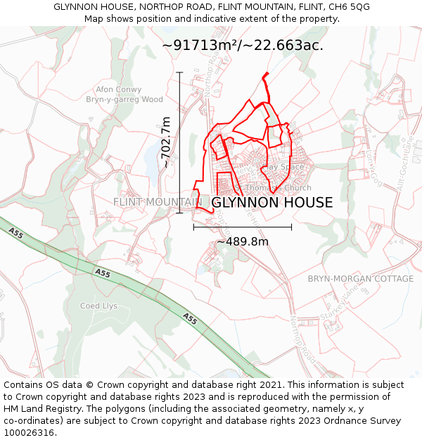 GLYNNON HOUSE, NORTHOP ROAD, FLINT MOUNTAIN, FLINT, CH6 5QG: Plot and title map