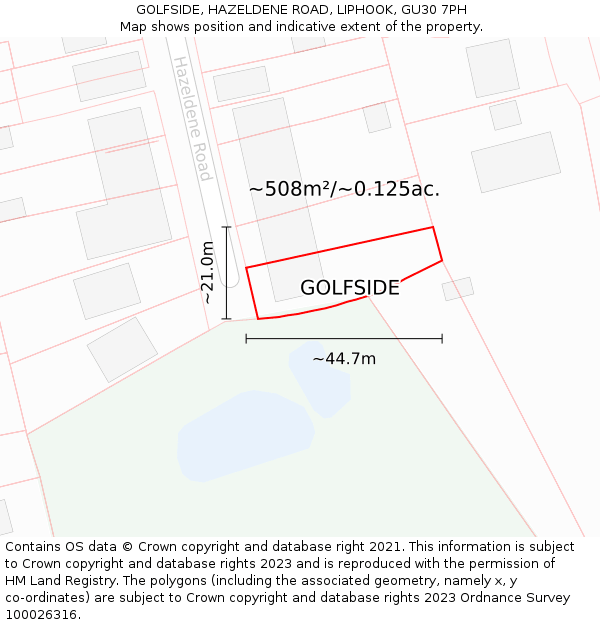GOLFSIDE, HAZELDENE ROAD, LIPHOOK, GU30 7PH: Plot and title map