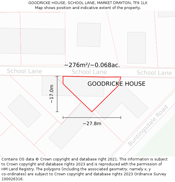 GOODRICKE HOUSE, SCHOOL LANE, MARKET DRAYTON, TF9 1LX: Plot and title map