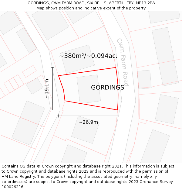 GORDINGS, CWM FARM ROAD, SIX BELLS, ABERTILLERY, NP13 2PA: Plot and title map