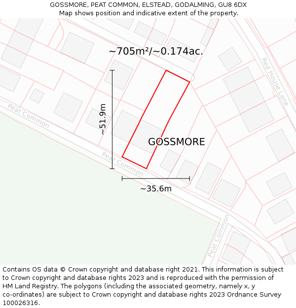 GOSSMORE, PEAT COMMON, ELSTEAD, GODALMING, GU8 6DX: Plot and title map