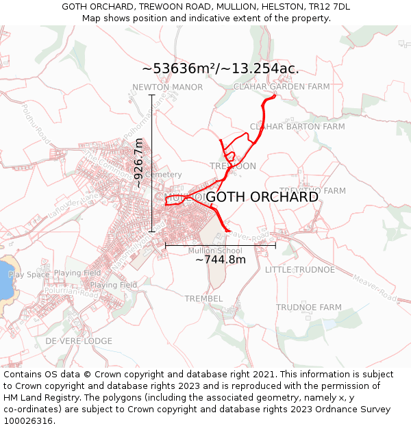 GOTH ORCHARD, TREWOON ROAD, MULLION, HELSTON, TR12 7DL: Plot and title map