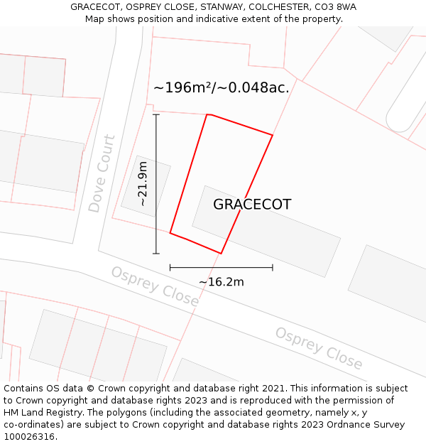 GRACECOT, OSPREY CLOSE, STANWAY, COLCHESTER, CO3 8WA: Plot and title map