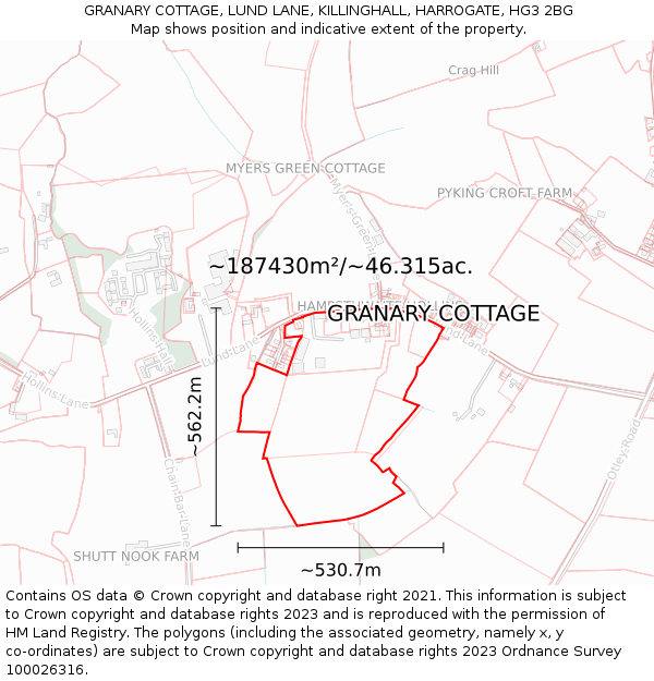 GRANARY COTTAGE, LUND LANE, KILLINGHALL, HARROGATE, HG3 2BG: Plot and title map