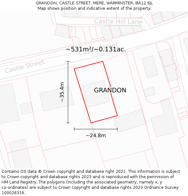 GRANDON, CASTLE STREET, MERE, WARMINSTER, BA12 6JL: Plot and title map