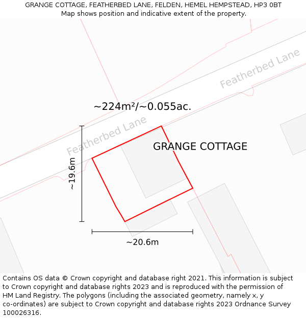 GRANGE COTTAGE, FEATHERBED LANE, FELDEN, HEMEL HEMPSTEAD, HP3 0BT: Plot and title map