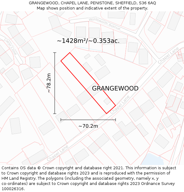GRANGEWOOD, CHAPEL LANE, PENISTONE, SHEFFIELD, S36 6AQ: Plot and title map