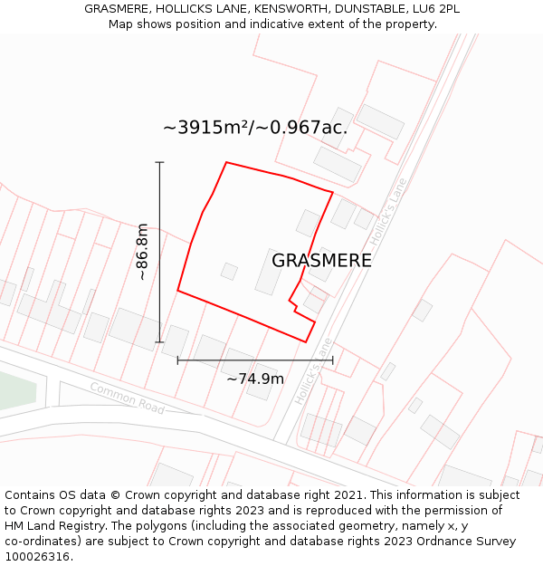 GRASMERE, HOLLICKS LANE, KENSWORTH, DUNSTABLE, LU6 2PL: Plot and title map