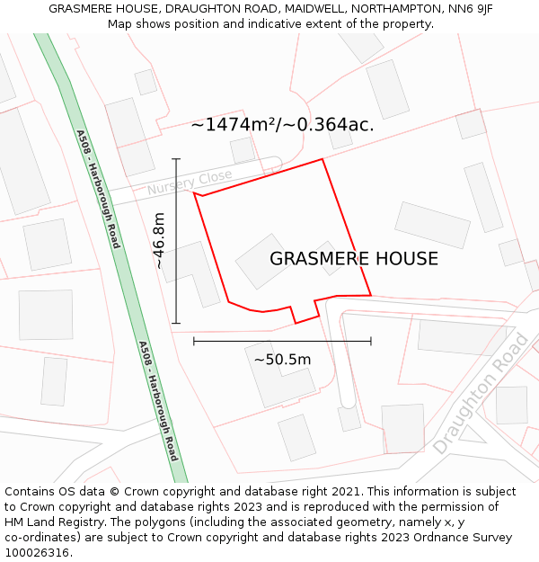 GRASMERE HOUSE, DRAUGHTON ROAD, MAIDWELL, NORTHAMPTON, NN6 9JF: Plot and title map
