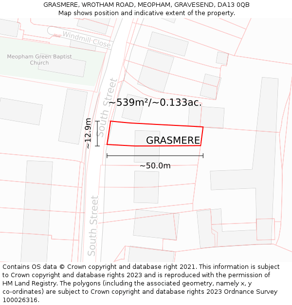 GRASMERE, WROTHAM ROAD, MEOPHAM, GRAVESEND, DA13 0QB: Plot and title map