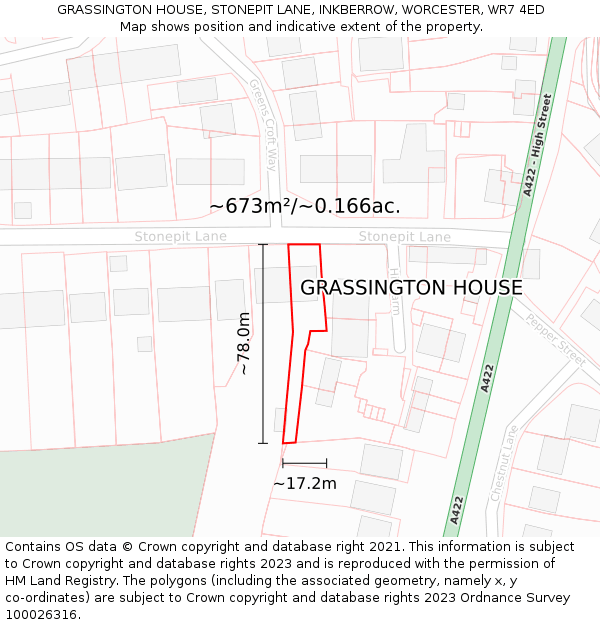 GRASSINGTON HOUSE, STONEPIT LANE, INKBERROW, WORCESTER, WR7 4ED: Plot and title map