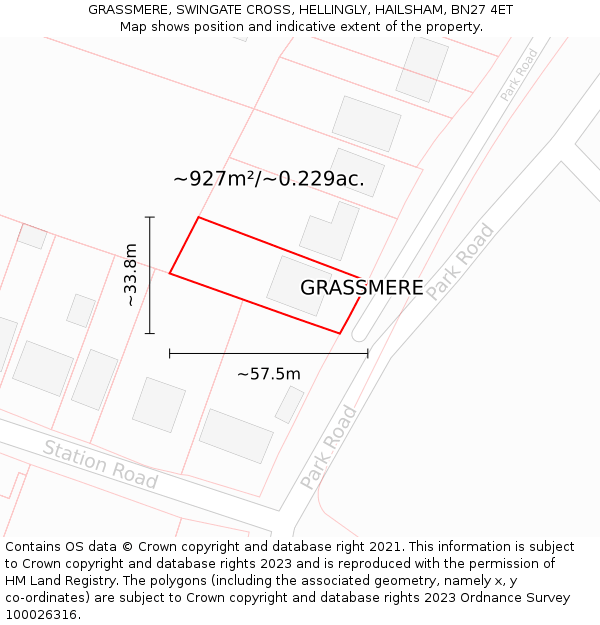 GRASSMERE, SWINGATE CROSS, HELLINGLY, HAILSHAM, BN27 4ET: Plot and title map