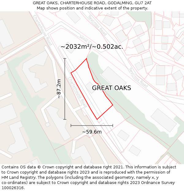 GREAT OAKS, CHARTERHOUSE ROAD, GODALMING, GU7 2AT: Plot and title map