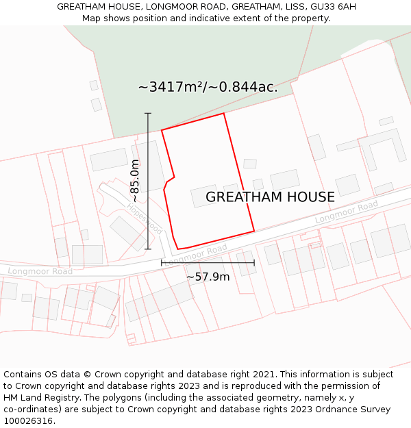 GREATHAM HOUSE, LONGMOOR ROAD, GREATHAM, LISS, GU33 6AH: Plot and title map
