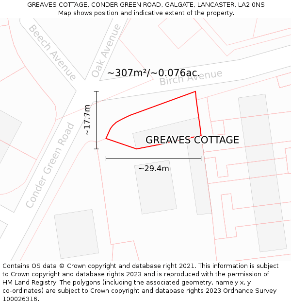 GREAVES COTTAGE, CONDER GREEN ROAD, GALGATE, LANCASTER, LA2 0NS: Plot and title map