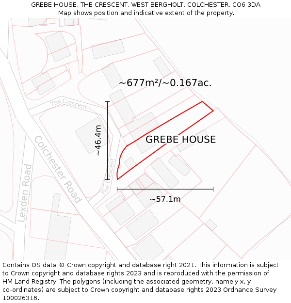 GREBE HOUSE, THE CRESCENT, WEST BERGHOLT, COLCHESTER, CO6 3DA: Plot and title map