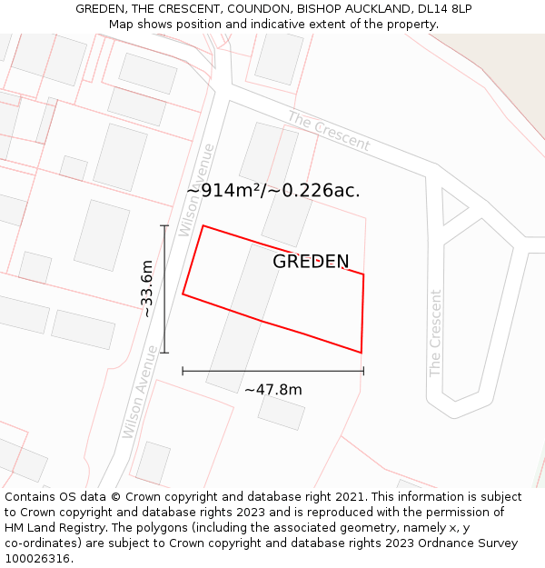 GREDEN, THE CRESCENT, COUNDON, BISHOP AUCKLAND, DL14 8LP: Plot and title map