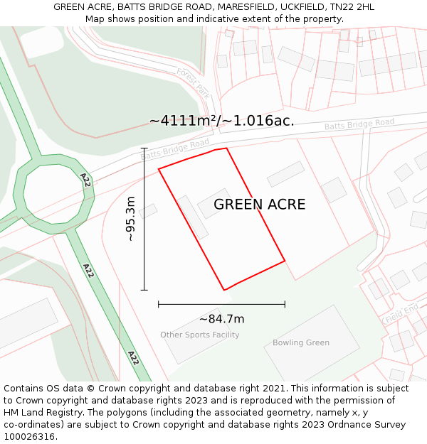 GREEN ACRE, BATTS BRIDGE ROAD, MARESFIELD, UCKFIELD, TN22 2HL: Plot and title map