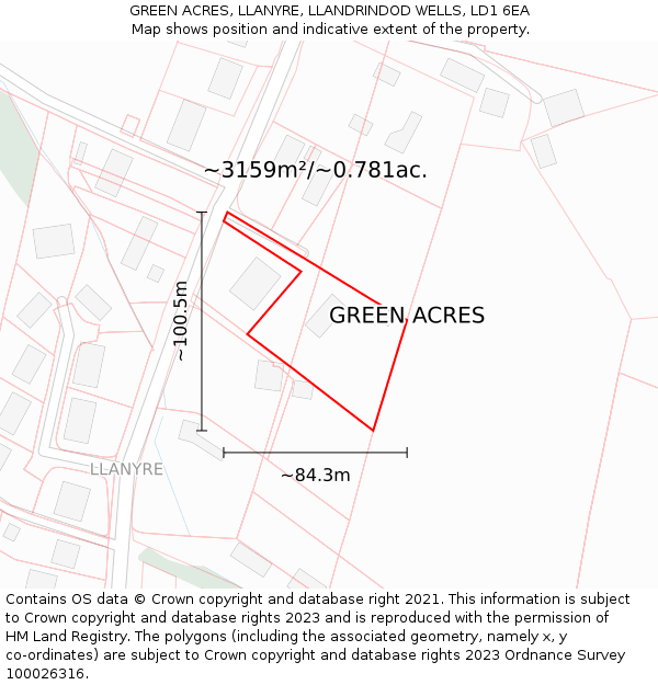 GREEN ACRES, LLANYRE, LLANDRINDOD WELLS, LD1 6EA: Plot and title map