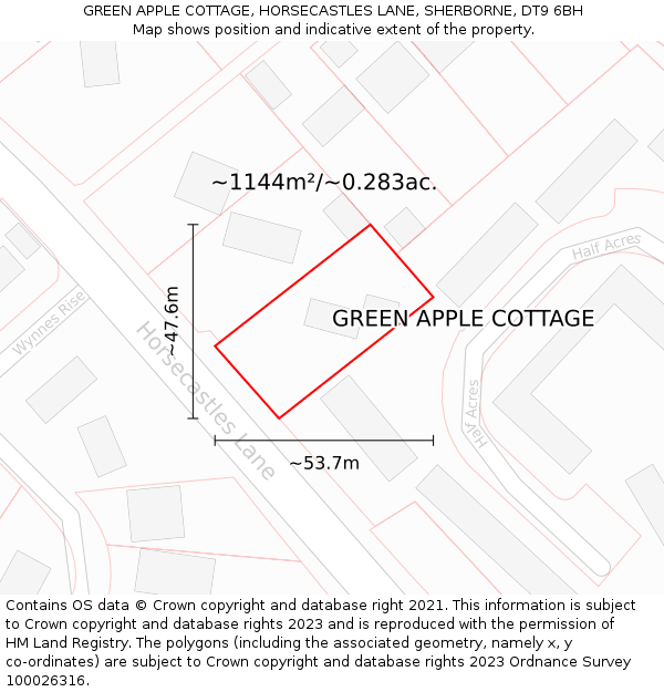 GREEN APPLE COTTAGE, HORSECASTLES LANE, SHERBORNE, DT9 6BH: Plot and title map