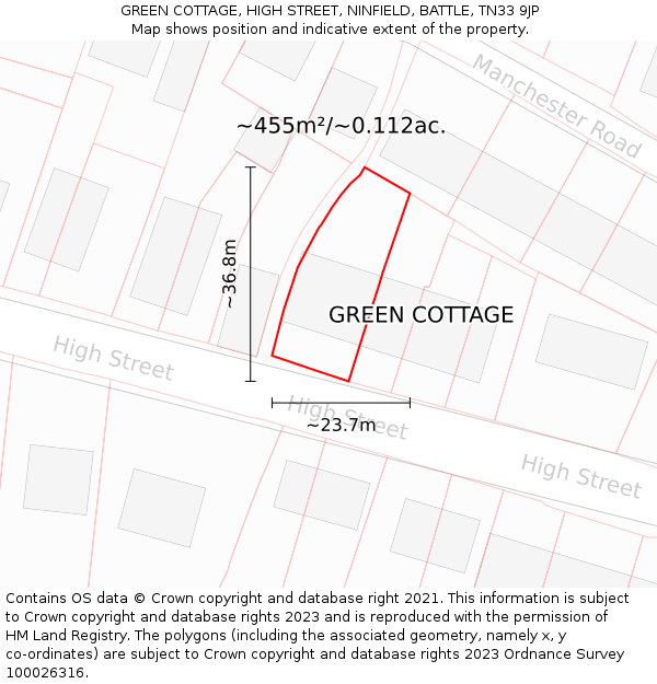 GREEN COTTAGE, HIGH STREET, NINFIELD, BATTLE, TN33 9JP: Plot and title map