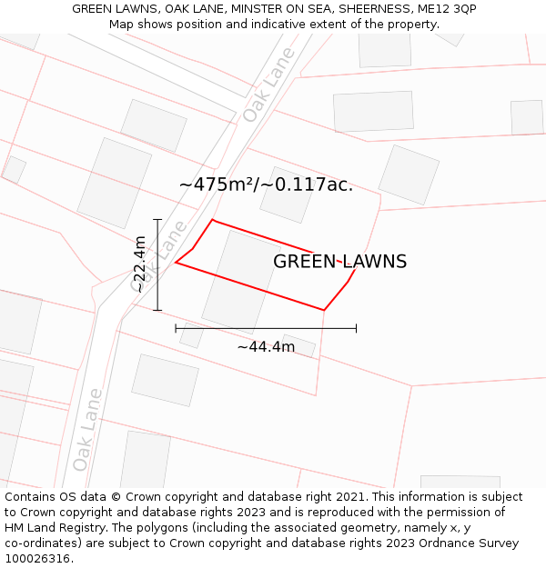 GREEN LAWNS, OAK LANE, MINSTER ON SEA, SHEERNESS, ME12 3QP: Plot and title map