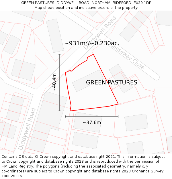 GREEN PASTURES, DIDDYWELL ROAD, NORTHAM, BIDEFORD, EX39 1DP: Plot and title map
