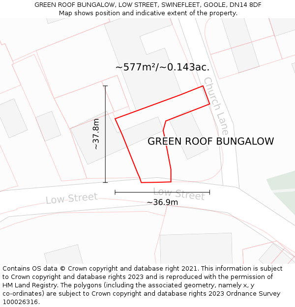 GREEN ROOF BUNGALOW, LOW STREET, SWINEFLEET, GOOLE, DN14 8DF: Plot and title map