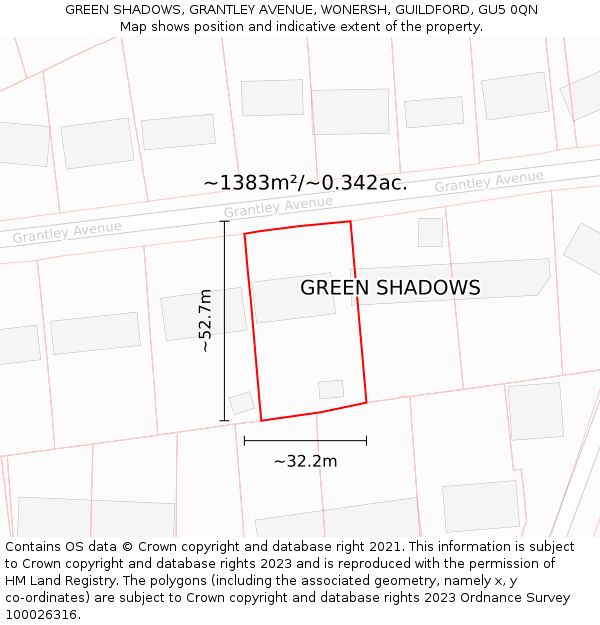 GREEN SHADOWS, GRANTLEY AVENUE, WONERSH, GUILDFORD, GU5 0QN: Plot and title map