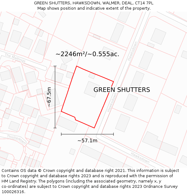 GREEN SHUTTERS, HAWKSDOWN, WALMER, DEAL, CT14 7PL: Plot and title map