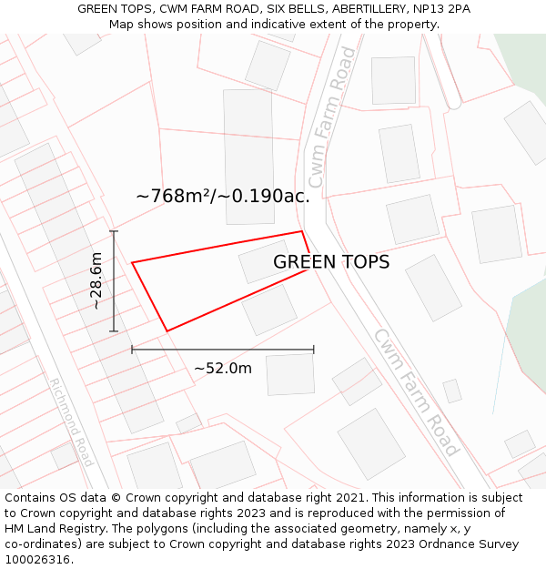 GREEN TOPS, CWM FARM ROAD, SIX BELLS, ABERTILLERY, NP13 2PA: Plot and title map
